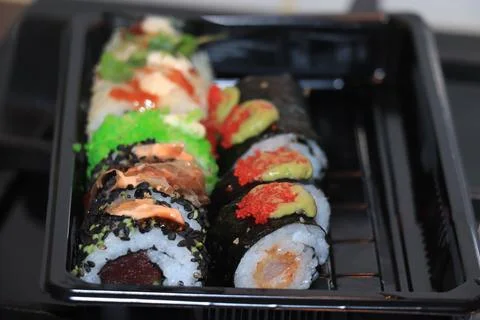 A serving of Japanese sushi, various sorts on a serving plate Stock Photos
