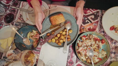 Serving Khachapuri And Roast Potatoes At A Georgian Table Video stock 346736627