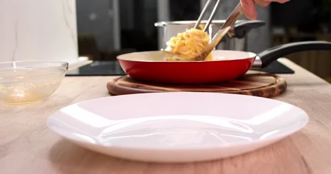 Serving pasta spaghetti carbonara. Stock Footage 245343667