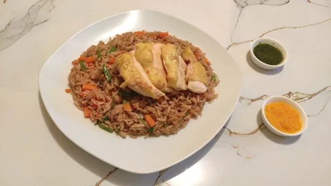 Serving of peruvian fried chicken with rice called "Pollo con arroz". Stock Footage 289028295