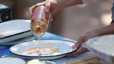 Serving pickled rabbit in a glass jar Stock Footage 133749261