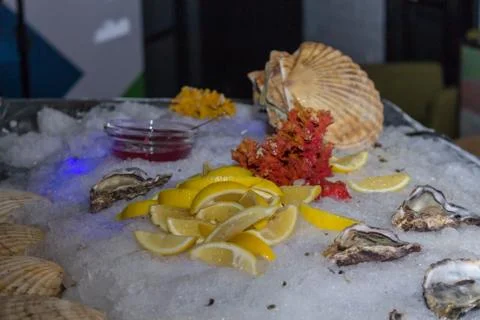 Serving place with ice, lemons, shells and oyster sauce Stockfoto's