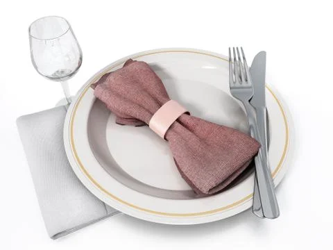 Serving plate, fork, knife, wine glass and napkin. 3D illustration Stock Illustration