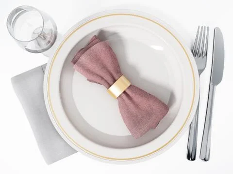 Serving plate, fork, knife, wine glass and napkin. 3D illustration Stock Illustration