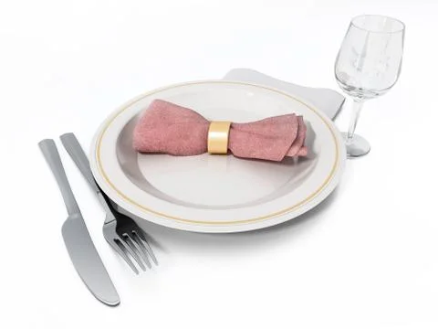 Serving plate, fork, knife, wine glass and napkin. 3D illustration Stock Illustration