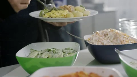 Serving Potatoes Broccoli And Fresh Salads, Canteen Counter, Close Up Shot Stock Footage 341452011