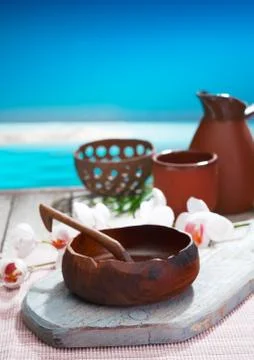 Serving refreshments in handcrafted pottery Stock Photos