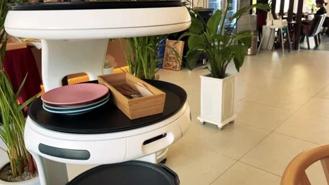 A serving robot in a cafe that carries spoons and plates Stock Footage 196268837