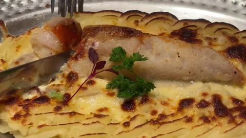 Serving Russian Baked Fish with Knife and Fork, Close-Up Stock Footage 332117315