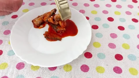Serving Sardines in Style: A Quick Bite with Tomato Sauce Twist Video stock 316465326