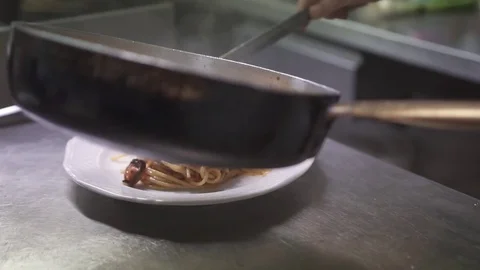 Serving seafood pasta dish Stock Footage 82255030