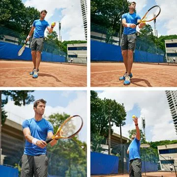 Serving in sequence. Composite image of a man playing tennis. Stock Photos