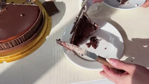 Serving Slice Of Chocolate Birthday Cake Close Up Stock Footage 343889646
