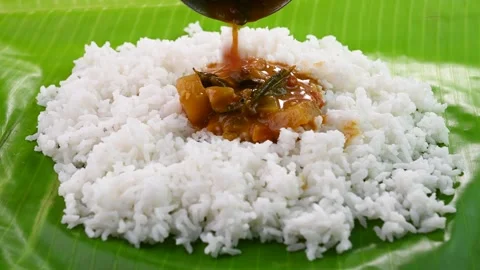 Serving spicy sambar rice Stock Footage 308315676