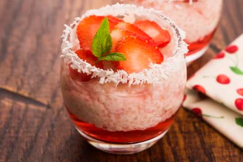 A serving of strawberry over tapioca and jelly Stock Photos