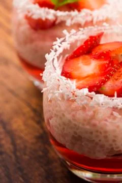 A serving of strawberry over tapioca and jelly Stock Photos