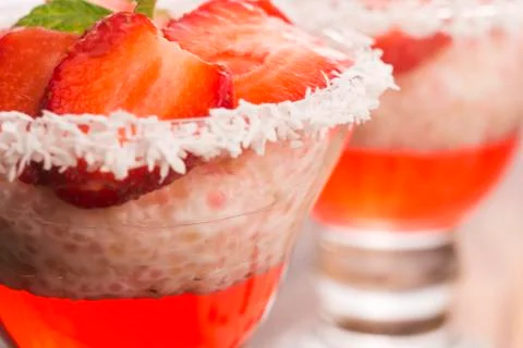 A serving of strawberry over tapioca and jelly Stock Photos