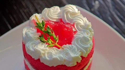Serving strawberry round cake with cream. Stock Footage 305040943
