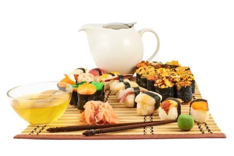 Serving sushi and tea composition Stock Photos