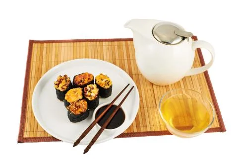 Serving sushi and tea composition Stock Photos