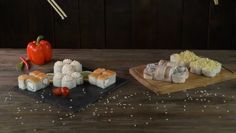 Serving sushi rolls on the table. Stock Footage 122167869