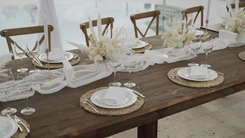 Serving table near the swimming pool for a wonderful birthday party Stock Footage 170422926