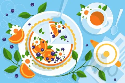 Serving table for tea with pie Illustrazione stock