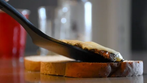 Serving tasty fried egg with cheese on top off a slice of white bread 스톡 동영상 95761443