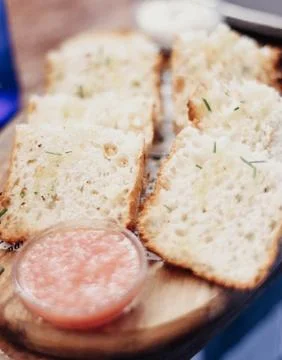 Serving of toasted bread with tomato and garlic mayonnaise Stock Photos
