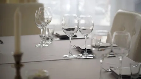 Serving of wedding table. Empty glasses closeup 스톡 동영상 70754517