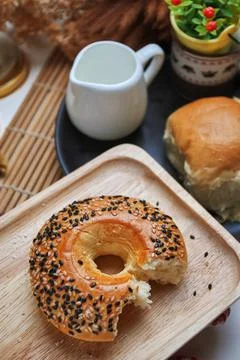 The sesame donut with missing bite mark Stock Photos