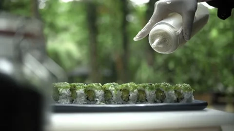 Sesame seeds falling down sushi roll set covered with eel and sesame seeds. Stock Footage 237391457