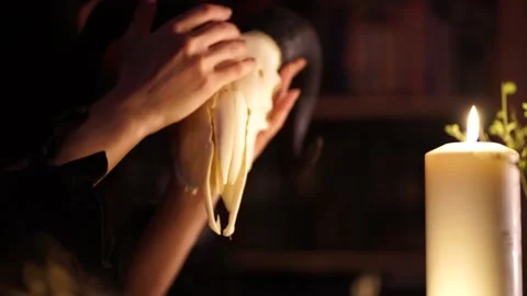 Session of black magic with the skull of a goat by candlelight 스톡 동영상 132671856