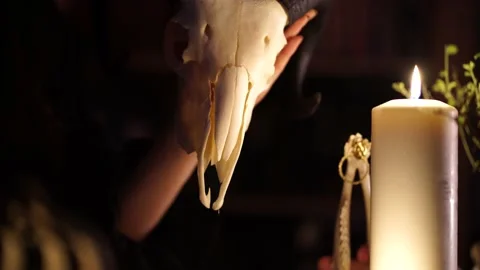 Session of black magic with the skull of a goat by candlelight 스톡 동영상 132671901