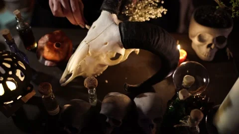 Session of black magic with the skull of a goat by candlelight 스톡 동영상 132671926