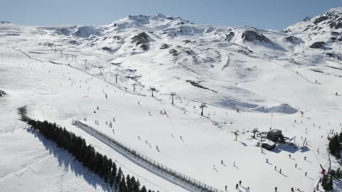 Session from Drone in Formigal ski resort sunny day Stock Footage 241006675