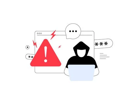 Session hijacking cyber attack hacker. Warning laptop sign stolen data Stock Illustration