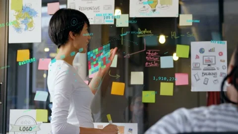 Session starting, presenter tapping marker, pointing to sticky notes, placing Stock Footage 333132801