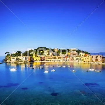 Sestri Levante, silence bay sea harbor and beach view. Liguria, Italy Stock Photos