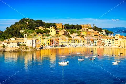 Sestri Levante, silence bay sea harbor and beach view. Liguria, Italy Stock Photos