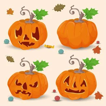 Set 1 of four pumpkins flat illustration for halloween holiday background iso Stock Illustration