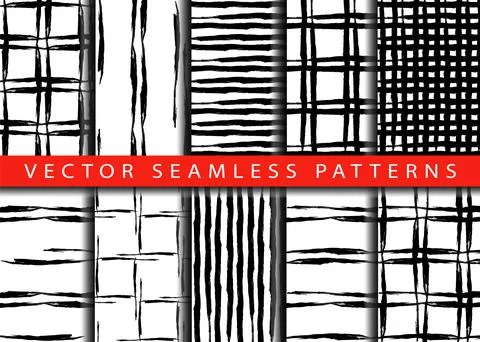 Set 10 Abstract Brush Seamless Patterns Stripe and Stroke Background in Black Illustrazione stock