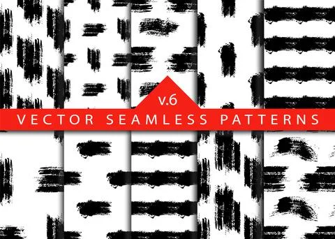 Set 10 Abstract Brush Seamless Patterns Stripe and Stroke Background in Black Stock Illustration