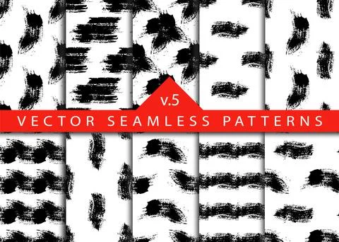 Set 10 Abstract Brush Seamless Patterns Stripe and Stroke Background in Black Stock Illustration