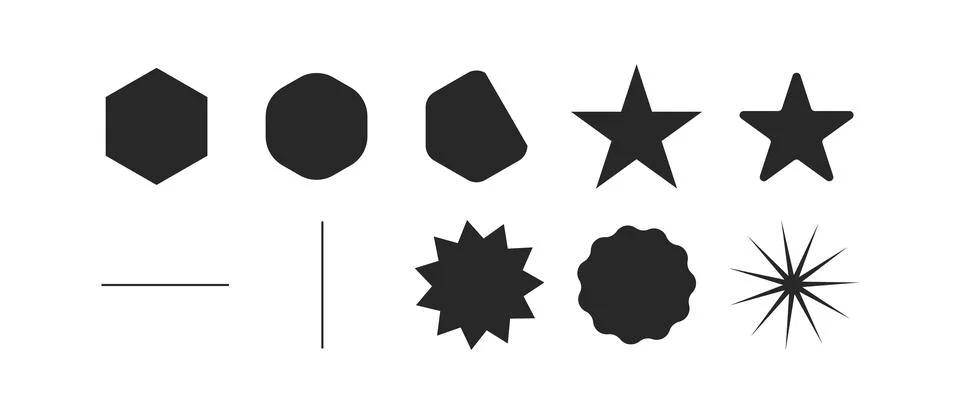 Set of 10 assorted shapes including stars and angled forms for abstract mod.. Illustrazione stock