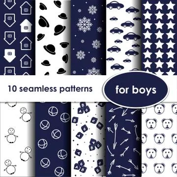 Set of 10 blue seamless patterns for boys. Stock Illustration