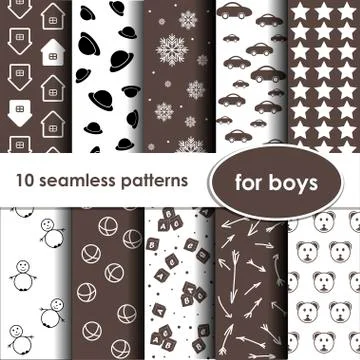 Set of 10 brown seamless patterns for boys. Stock Illustration
