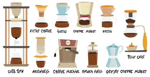 Set of 10 coffee makers for alternative methods of brewing. Coffee culture. Stock Illustration
