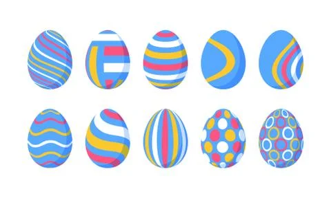 Set of 10 color Easter Eggs with pattern. Design elements for holiday cards.  Stock Illustration