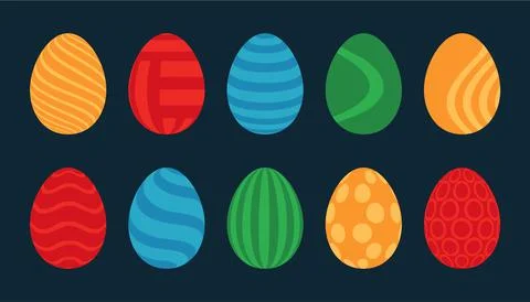 Set of 10 color Easter Eggs with pattern. Design elements for holiday cards.  스톡 일러스트